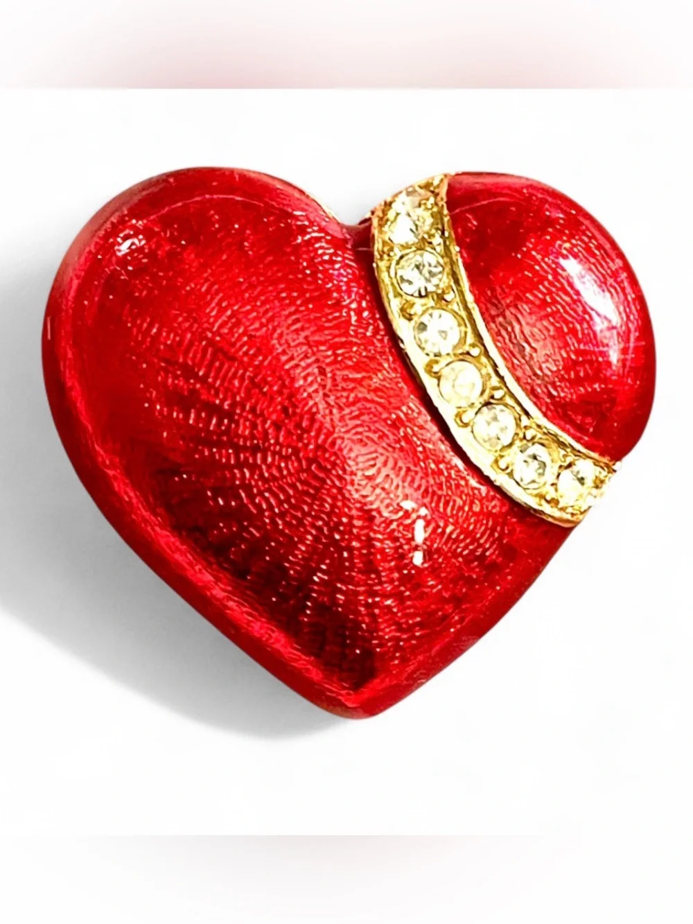 Vintage 1980s Red Enamel Puffy Heart Rhinestone Brooch Pin Domed Romantic Glam